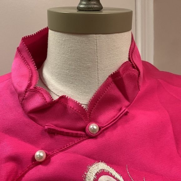 Oriental Mulberry Silk Pink Peacock Embroidered Jacket w Pearl Buttons size S - Picture 7 of 16